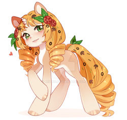 Size: 1024x961 | Tagged: safe, artist:miioko, derpibooru import, oc, oc only, pony, unicorn, deviantart watermark, food, heart, hoof polish, horn, obtrusive watermark, raised hoof, raised leg, simple background, solo, tomato, unicorn oc, watermark, white background