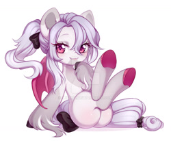 Size: 1024x844 | Tagged: safe, artist:miioko, derpibooru import, oc, oc only, bat pony, pony, 2021, bat pony oc, bat wings, bow, butt blush, commission, deviantart watermark, eyelashes, female, hair bow, mare, obtrusive watermark, sitting, solo, tail, tail bow, underhoof, watermark, wings, ych result