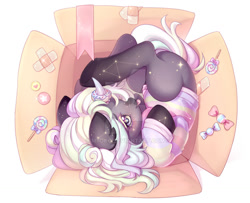 Size: 1024x832 | Tagged: safe, artist:miioko, derpibooru import, oc, oc only, pony, unicorn, :p, box, candy, cardboard box, clothes, commission, deviantart watermark, female, food, horn, horn ring, mare, obtrusive watermark, pony in a box, ring, solo, starry eyes, tongue, tongue out, unicorn oc, watermark, wingding eyes, ych result