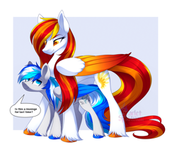 Size: 1216x1024 | Tagged: safe, artist:scarlet-spectrum, derpibooru import, oc, oc only, oc:diamond sun, oc:hawker hurricane, pegasus, pony, colored wings, colored wingtips, commission, female, hawkmond, larger female, male, mare, simple background, size difference, speech bubble, stallion, unshorn fetlocks, watermark, wings