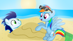 Size: 1280x720 | Tagged: safe, artist:mlplary6, derpibooru import, rainbow dash, soarin', pegasus, pony, beach, buried, female, male, mare, ocean, sand, shipping, smiling, soarindash, stallion, straight, sun, sunglasses, water