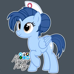 Size: 1540x1540 | Tagged: safe, artist:mommymidday, derpibooru import, oc, oc:drizzle heart, pegasus, pony, cutie mark, folded wings, hair bun, hat, nurse, nurse hat, nurse oc, photo, raised hoof, raised leg, signature, simple background, solo, wings