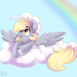 Size: 1280x1280 | Tagged: safe, artist:verylazybread, derpibooru import, derpy hooves, pegasus, pony, cloud, cute, derpabetes, female, mare, on a cloud, rainbow, sky, solo