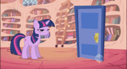 Size: 960x527 | Tagged: safe, screencap, spike, twilight sparkle, unicorn twilight, dragon, pony, unicorn, boast busters, animated, back and forth, door, duo, female, gif, golden oaks library, hub logo, loop, mare, moonwalk, perfect loop, silly, spike is not amused, twilight is not amused