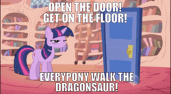 Size: 960x527 | Tagged: safe, edit, edited screencap, editor:undeadponysoldier, screencap, spike, twilight sparkle, unicorn twilight, dragon, pony, unicorn, boast busters, animated, back and forth, door, edited gif, gif, golden oaks library, hub logo, image macro, loop, meme, moonwalk, parody, perfect loop, song parody, song reference, walk the dinosaur, walking, was (not was)