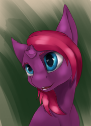 Size: 1566x2160 | Tagged: safe, artist:tenebrisnoctus, derpibooru import, fizzlepop berrytwist, tempest shadow, pony, unicorn, alternate hairstyle, broken horn, bust, eye scar, female, green background, horn, mare, portrait, scar, simple background, smiling, solo