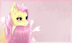 Size: 5000x3000 | Tagged: safe, artist:amdame, derpibooru import, fluttershy, pegasus, pony, absurd resolution, bust, female, looking to side, looking to the right, mare, pink background, portrait, signature, simple background, smiling, solo