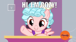 Size: 960x539 | Tagged: safe, edit, edited screencap, editor:undeadponysoldier, screencap, cozy glow, pegasus, pony, school raze, cozybetes, cute, discovery family logo, female, filly, foal, grin, happy, introduction, looking at you, name pun, podium, pun, solo, talking to viewer