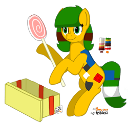 Size: 1215x1181 | Tagged: safe, artist:bloonacorn, ponerpics import, oc, oc only, oc:blocky bits, earth pony, bipedal, candy, female, food, gift art, gift box, hoof hold, lollipop, mare, palette, signature, simple background, smiling, solo, standing, transparent background