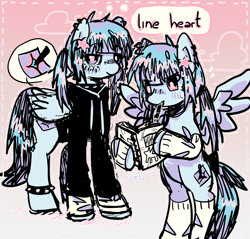 Size: 2888x2760 | Tagged: safe, artist:pxunii, derpibooru import, oc, oc only, oc:line heart, pegasus, pony, anklet, book, clothes, cutie mark, hoodie, jewelry, notebook, pen, reference sheet, socks, solo