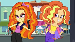 Size: 480x270 | Tagged: artist needed, safe, derpibooru import, oc, oc only, equestria girls, background human, bare shoulders, bow, hair bow, half-siren, interspecies offspring, magical lesbian spawn, offspring, parent:adagio dazzle, parent:sunset shimmer, parents:sunsagio, poofy mane, punk, sleeveless