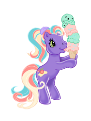 Size: 600x800 | Tagged: safe, artist:vernorexia, derpibooru import, earth pony, pony, g3, bipedal, coloring page, cutie mark, digital art, eating, food, green eyes, ice cream, ice cream cone, multicolored hair, peach, peach surprise, ponytail, purple coat, recolor, scrunchie, simple background, solo, standing, sticking tongue out, style emulation, transparent background