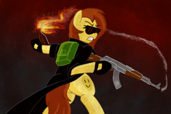 Size: 4500x3000 | Tagged: safe, artist:legendoflink, derpibooru import, oc, oc:postal mare, earth pony, pony, ak, ak-47, angry, assault rifle, backpack, bipedal, clothes, female, fire, gun, looking back, mare, molotov cocktail, postal, postal 2, postal dude, rifle, smoke, sunglasses, trenchcoat, weapon