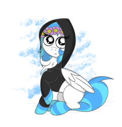 Size: 3561x3732 | Tagged: safe, artist:skywatcher, derpibooru import, oc, oc only, oc:cloudnine, pegasus, pony, chest fluff, clothes, commission, floral head wreath, flower, hoodie, looking at you, simple background, socks, solo, striped socks, white background