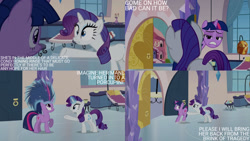 Size: 1280x720 | Tagged: safe, derpibooru import, edit, edited screencap, editor:quoterific, screencap, rarity, twilight sparkle, unicorn twilight, pony, unicorn, games ponies play, season 3, duo, female, magic, mare, messy mane, open mouth, telekinesis, text