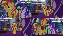 Size: 1280x720 | Tagged: safe, derpibooru import, edit, edited screencap, editor:quoterific, screencap, starlight glimmer, sunset shimmer, pony, unicorn, equestria girls, mirror magic, spoiler:eqg specials, bag, duo, female, library, mare, open mouth, open smile, saddle bag, smiling, text, twilight's castle, twilight's castle library