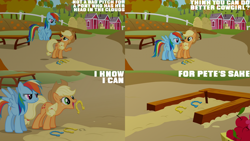 Size: 1280x720 | Tagged: safe, derpibooru import, edit, edited screencap, editor:quoterific, screencap, applejack, rainbow dash, earth pony, pegasus, pony, fall weather friends, season 1, applejack's hat, clothes, cowboy hat, duo, female, flying, hat, horseshoes, mare, open mouth, open smile, smiling, spread wings, text, wings