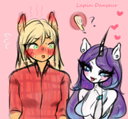 Size: 2388x2226 | Tagged: safe, artist:lapindanseur, derpibooru import, applejack, rarity, anthro, earth pony, unicorn, absolute cleavage, blushing, blushing profusely, breasts, cleavage, clothes, duo, ear blush, female, heart, lesbian, pictogram, rarijack, raritits, shipping, tongue, tongue out