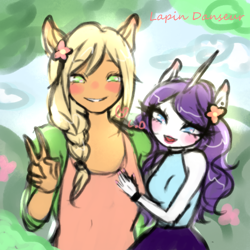 Size: 2024x2024 | Tagged: safe, artist:lapindanseur, derpibooru import, applejack, rarity, anthro, earth pony, unicorn, braid, duo, female, flower, flower in hair, lesbian, peace sign, rarijack, shipping