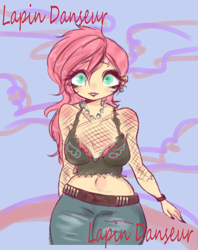 Size: 2024x2553 | Tagged: safe, artist:lapindanseur, derpibooru import, fluttershy, equestria girls, female, fishnet clothing, flutterpunk, metalshy, midriff, solo