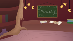 Size: 4096x2304 | Tagged: safe, artist:candy meow, derpibooru import, book, bookshelf, chalkboard, desk, golden oaks library, legends of equestria, library, library basement, loading screen, no pony, paper, ponydale, ponydale library, shelf