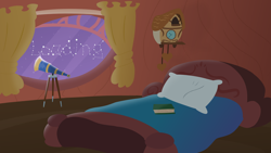 Size: 4096x2304 | Tagged: safe, artist:candy meow, derpibooru import, bed, book, clock, constellation, curtains, golden oaks library, legends of equestria, library, loading screen, night, no pony, pillow, ponydale, ponydale library, telescope, window