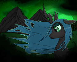 Size: 1500x1200 | Tagged: safe, artist:kpapwiss, derpibooru import, queen chrysalis, changeling, changeling queen, cloud, female, mare, moon, mountain, night, sad, solo, solo female, wind