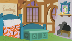 Size: 4096x2304 | Tagged: safe, artist:candy meow, derpibooru import, bed, blanket, bust, clock, cottage, fireplace, fluttershy's bedroom, fluttershy's cottage, legends of equestria, loading screen, log, no pony, pillow, portrait, window