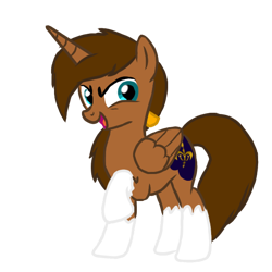 Size: 600x600 | Tagged: safe, artist:holdenwolfart, derpibooru import, oc, oc only, oc:royale royce, alicorn, pony, alicorn oc, brown mane, brown tail, coat markings, folded wings, full body, hooves, horn, male, open mouth, open smile, raised hoof, raised leg, show accurate, simple background, smiling, socks (coat marking), solo, stallion, standing, tail, transparent background, wings