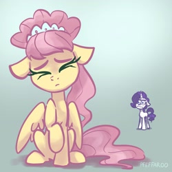 Size: 2048x2048 | Tagged: safe, artist:pfeffaroo, derpibooru import, fluttershy, rarity, pegasus, pony, unicorn, alternate hairstyle, duo, rarity is not amused, solo focus, unamused