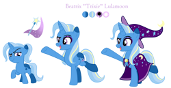Size: 1280x658 | Tagged: safe, artist:penultimate-wishes, derpibooru import, trixie, pony, cape, clothes, cutie mark, female, filly, foal, hat, looking at you, open mouth, pose, raised eyebrow, raised hoof, raised leg, redesign, simple background, smiling, smirk, solo, text, transparent background, trixie's cape, trixie's hat, younger