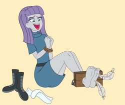 Size: 2146x1807 | Tagged: safe, artist:crock2121, derpibooru import, maud pie, equestria girls, ass, barefoot, boots, butt, clothes, cute, dress, feather, feet, fetish, foot fetish, laughing, maudabetes, rope, shoes, smiling, socks, stocks, tickle fetish, tickle torture, tickling, when she smiles