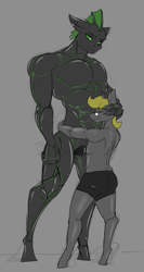 Size: 1557x2927 | Tagged: safe, artist:queen-razlad, derpibooru import, oc, oc only, oc:trestle, oc:villainshima, anthro, changeling, custom, green changeling, heart, hug, irl, muscle study, muscles, photo, simple background, size difference, strong, toy