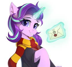 Size: 2160x2013 | Tagged: safe, artist:strafe blitz, derpibooru import, starlight glimmer, pony, unicorn, clothes, cute, ear fluff, ears, female, glimmerbetes, glowing, glowing horn, gryffindor, harry potter, high res, hogwarts, hogwarts letter, horn, letter, levitation, looking at you, magic, mantle, mare, raised hoof, raised leg, scarf, simple background, smiling, solo, striped scarf, telekinesis, white background