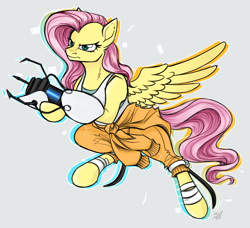 Size: 1500x1370 | Tagged: safe, artist:mechanakal, derpibooru import, fluttershy, pegasus, pony, angry, badass, bandage, bandaged leg, bipedal, chell, clothes, female, fluffy, flutterbadass, frown, glare, hoof hold, jumping, jumpsuit, mare, portal (valve), portal gun, signature, simple background, solo, spread wings, tanktop, wings