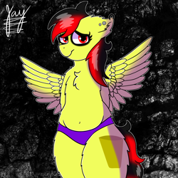 Size: 2048x2048 | Tagged: safe, artist:jay_wackal, derpibooru import, oc, oc only, oc:marmalade, pegasus, pony, belly button, bipedal, clothes, cutie mark, ear piercing, earring, fluffy, goth, jewelry, panties, piercing, solo, spread wings, thighs, underwear, wings
