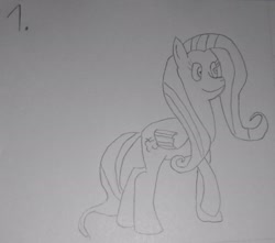 Size: 1805x1595 | Tagged: safe, artist:cardshark777, derpibooru import, fluttershy, pegasus, pony, female, monochrome, simple background, solo, solo female, traditional art, walking