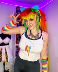 Size: 2160x2700 | Tagged: safe, derpibooru import, rainbow dash, human, bare shoulders, clothes, cosplay, costume, cutie mark on clothes, goggles, high res, irl, irl human, multicolored hair, photo, rainbow hair, sleeveless, solo