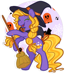 Size: 640x701 | Tagged: safe, artist:howdyhorsey, derpibooru import, abra-ca-dabra, earth pony, ghost, pony, undead, g3, braid, broom, candy, candy corn, cloak, clothes, costume, eyes closed, food, halloween, halloween costume, happy, hat, holding, holiday, purple coat, rearing, simple background, solo, spider web, transparent background, twin braids, witch, witch hat, yellow mane