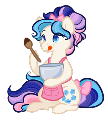 Size: 1810x2048 | Tagged: safe, artist:howdyhorsey, derpibooru import, gingerbread, earth pony, pony, twinkle eyed pony, g1, apron, baking, blue eyes, bow, bowl, clothes, g1 to g4, generation leap, hair bow, hair bun, licking, licking lips, mixing bowl, multicolored mane, pink bow, simple background, sitting, solo, sparkly eyes, spoon, stylized, tail, tail bow, tongue, tongue out, transparent background, white coat, wingding eyes