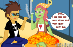 Size: 2016x1314 | Tagged: safe, artist:cyber-murph, derpibooru import, tree hugger, oc, oc:aperture, equestria girls, breasts, cleavage, clothes, commission, dreadlocks, drugs, equestria girls-ified, glasses, high, locker room, marijuana, red eyes, sandals, sitting, sitting on floor, speech bubble