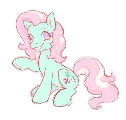 Size: 995x954 | Tagged: safe, artist:lesbianapplejack, derpibooru import, minty, earth pony, pony, g3, cute, eyelashes, female, green coat, mare, mintabetes, pastel, pink eyes, pink hair, raised hoof, raised leg, simple background, sitting, solo, white background