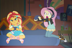 Size: 1024x684 | Tagged: safe, artist:emeraldblast63, derpibooru import, fluttershy, sunset shimmer, better together, equestria girls, game stream, angry, clothes swap, controller, converse, flutterrage, gamershy, headphones, headset, looking at something, microphone, role reversal, shoes, sofa, speaker