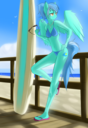 Size: 2750x4000 | Tagged: safe, artist:rolo, derpibooru import, oc, oc only, oc:marina, anthro, bird, pegasus, plantigrade anthro, 2012, beach, belly button, bikini, bikini bottom, bikini top, breasts, cleavage, clothes, female, flip-flops, hand on hip, jewelry, leaning, lidded eyes, necklace, ocean, sand, spread wings, sunglasses, surfboard, swimsuit, water, wings