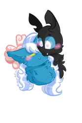 Size: 640x960 | Tagged: safe, artist:stinkygooby, derpibooru import, oc, oc:fleurbelle, oc:uni(unidentified), changeling, blushing, bow, changeling oc, chest fluff, cute, ear fluff, ears, hair bow, simple background, transparent background