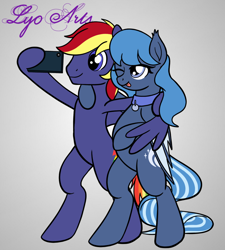 Size: 868x965 | Tagged: safe, artist:linedraweer, derpibooru import, oc, oc only, oc:rainbow lightspeed, oc:whirly bat, bat pony, pegasus, pony, bipedal, hug, one eye closed, selfie, side hug, tongue, tongue out, winghug, wings, wink