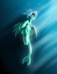 Size: 2144x2797 | Tagged: safe, artist:rolo, derpibooru import, oc, oc only, oc:marina, merpony, pegasus, crepuscular rays, female, lidded eyes, mare, solo, underwater, water, wings