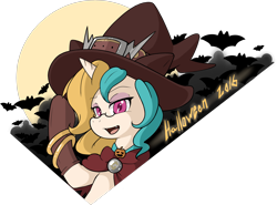 Size: 2459x1821 | Tagged: safe, artist:rolo, derpibooru import, oc, oc only, oc:sunset rose, bat, pony, unicorn, 2016, belt buckle, bracelet, cloak, clothes, costume, eyeshadow, fangs, female, female focus, gloves, halloween, halloween costume, hat, holiday, jewelry, lidded eyes, looking at you, makeup, mare, open mouth, open smile, overwatch, simple background, smiling, solo, solo focus, transparent background, two toned mane, witch hat