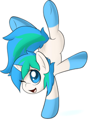 Size: 2000x2840 | Tagged: safe, artist:rolo, derpibooru import, oc, oc only, pony, unicorn, 2012, female, handstand, looking at you, mare, one eye closed, open mouth, open smile, simple background, smiling, solo, underhoof, upside down, white background, wink, winking at you