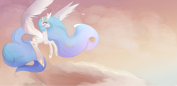 Size: 4009x1936 | Tagged: dead source, safe, artist:8bitamy, derpibooru import, princess celestia, alicorn, cloud, flying, sky, solo, wings